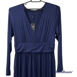 NWT OUGES Womens Navy Blue V-Neck Wrap Waist Long Sleeve Maxi Dress Size XL